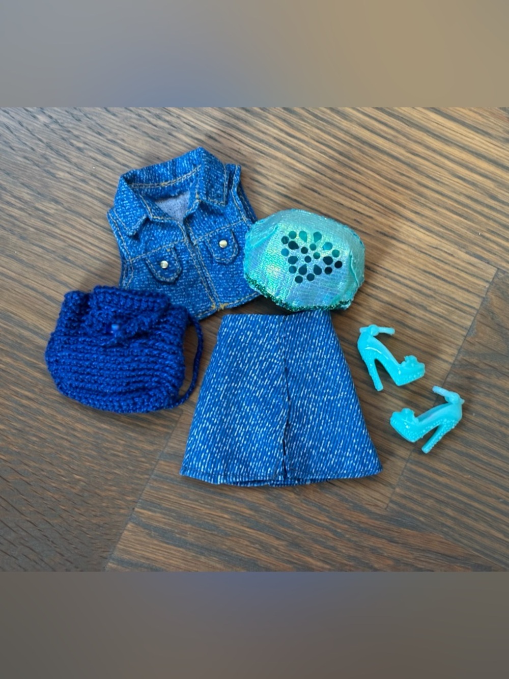 Barbie blue denim jean skirt & jacket vest, shimmer halter top & accessories